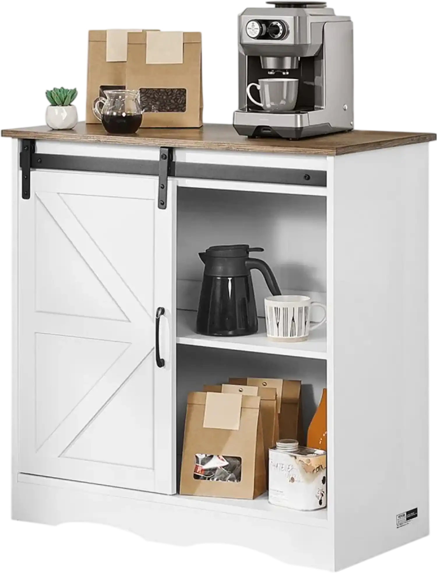 Vevor Coffee Bar Cabinet Farmhouse 3-Tier Storage Barn Door Brown White New