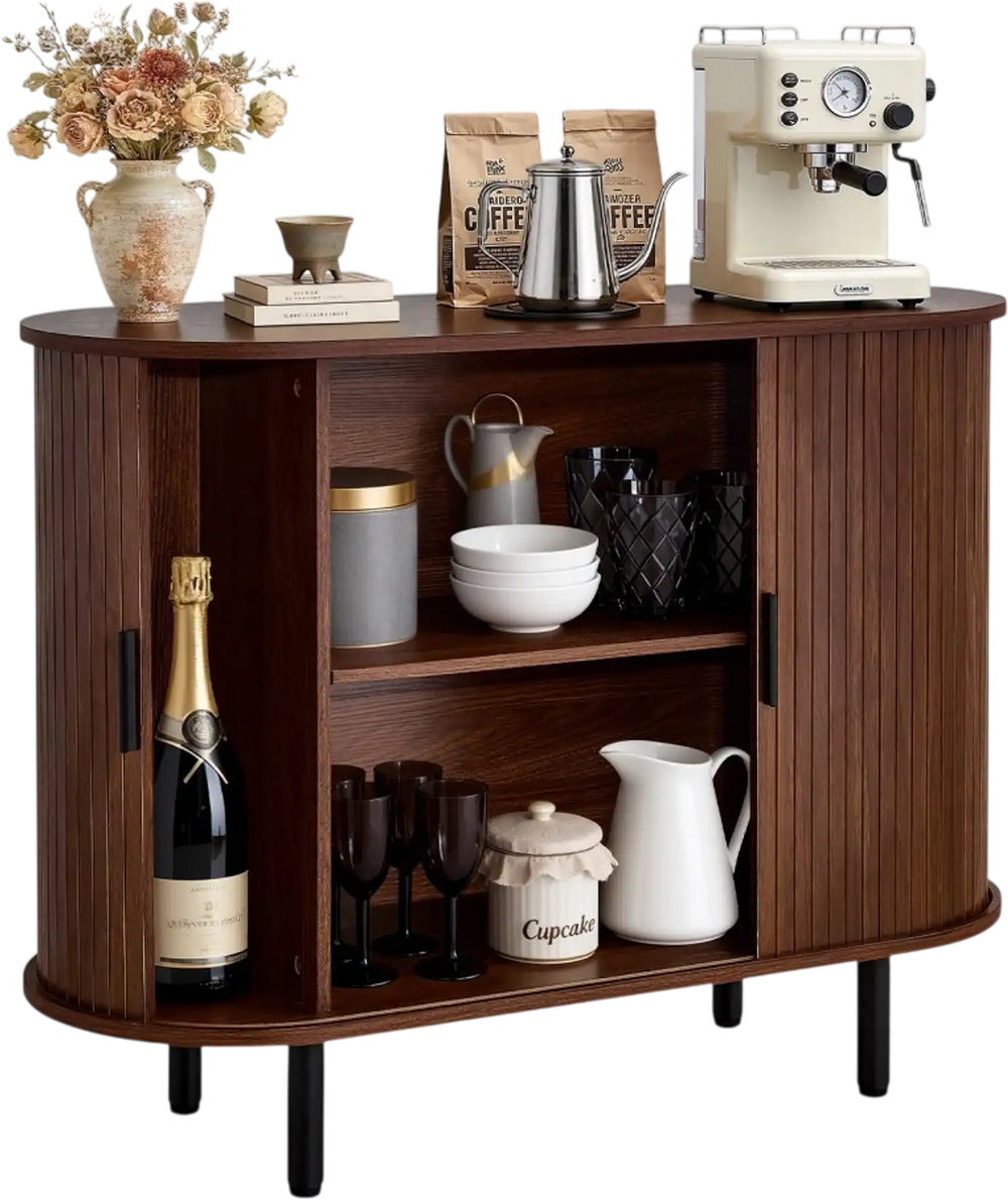 VEVOR Coffee Bar Cabinet, Mid Century Fluted Coffee Bar Table, Buffet Stand Cabinet with 2 Sliding Doors, Sideboard Buffet Station for Living Room, Entryway, Kitchen, 39.3 x 15.7 x 29.5 in, Walnut