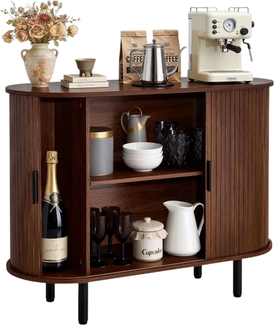 VEVOR Coffee Bar Cabinet, Mid Century Fluted Coffee Bar Table, Buffet Stand Cabinet with 2 Sliding Doors, Sideboard Buffet Station for Living Room, Entryway, Kitchen, 39.3 x 15.7 x 29.5 in, Walnut