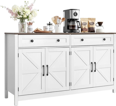 Vevor Coffee Bar Cabinet with 2 Drawers and 4 Barn Doors White New