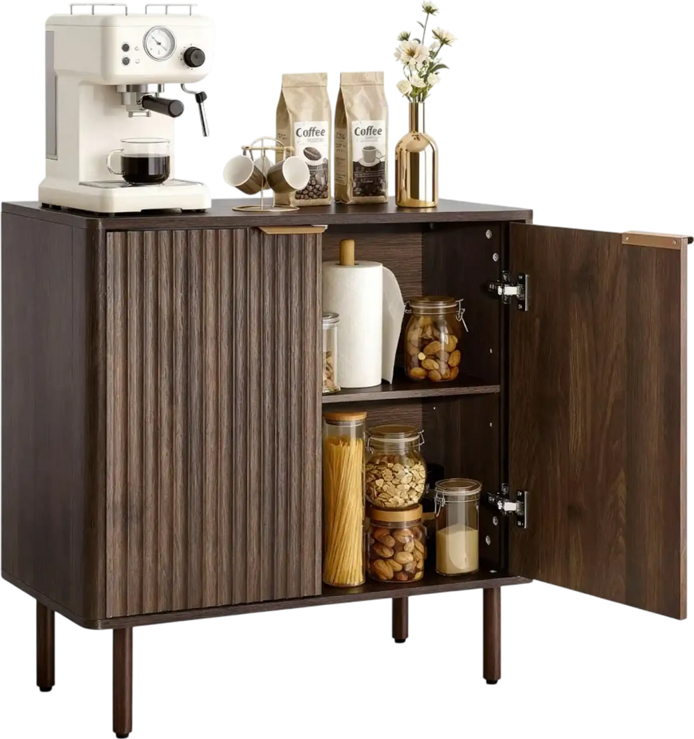 VEVOR Coffee Bar Cabinet, Mid Century Fluted Coffee Bar Table with 2-Tier Storage, Buffet Stand Cabinet with Barn Door, Sideboard Buffet Station for Living Room, Entryway, 31.5 x 14.7 x 31.5 in Walnut