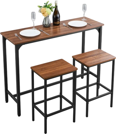 VEVOR Bar Table, 3PCS 47″ Bars Tables Set, Bar Tables and Chair Set with Rounded Edge Design, Rectangular Pub Table with Two Stools for Office Desk, Breakfast Corner, Mini Bars, Rustic Brown, Black