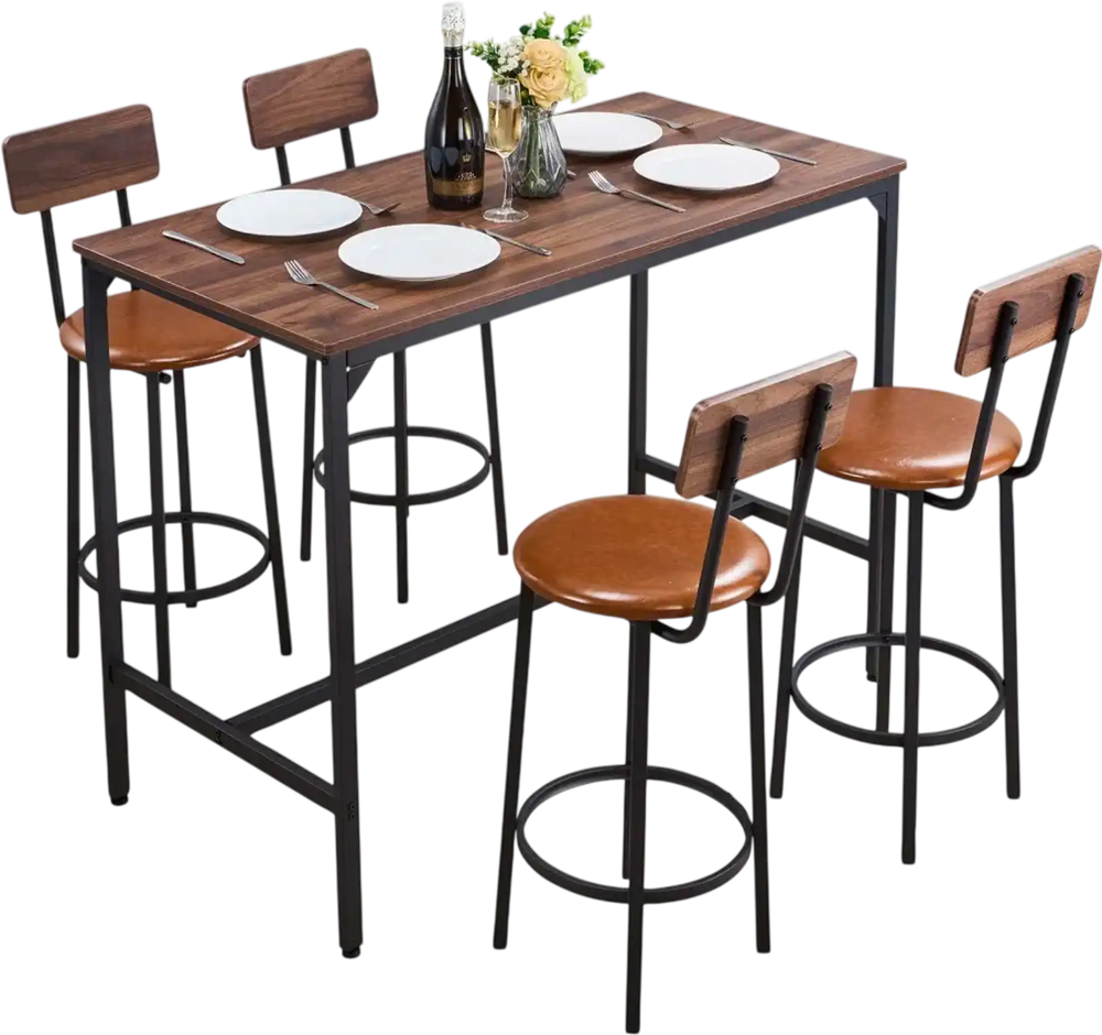 VEVOR Bar Table, 5PCS 47″ Bars Tables Set, Bar Tables and Chair Set with Rounded Edge Design, Rectangular Pub Table with Four Stools for Living Room, Dining Room, Kitchen, Walnut Color, Black
