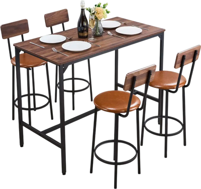 VEVOR Bar Table, 5PCS 47″ Bars Tables Set, Bar Tables and Chair Set with Rounded Edge Design, Rectangular Pub Table with Four Stools for Living Room, Dining Room, Kitchen, Walnut Color, Black