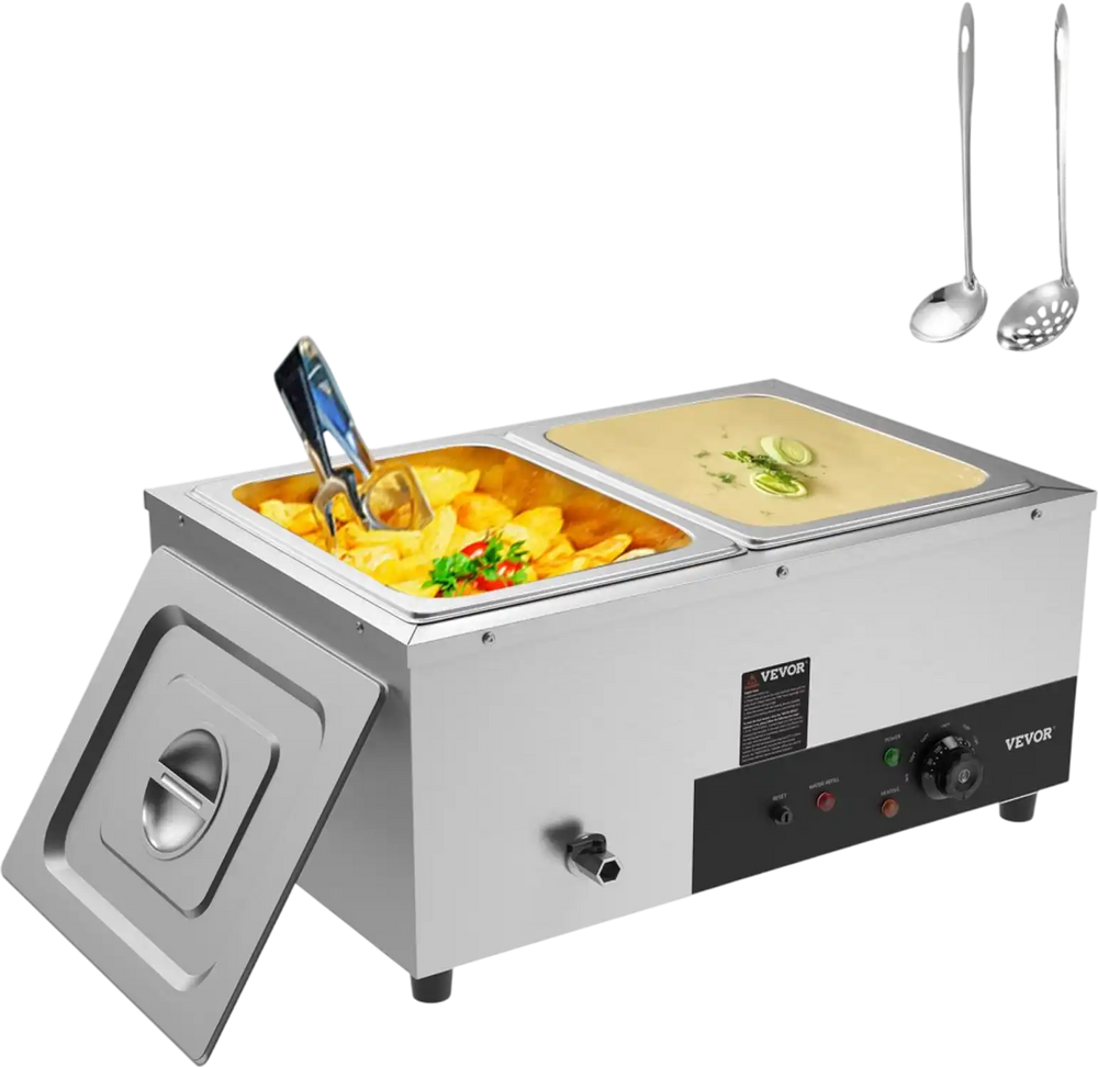 VEVOR 2-Pan Commercial Food Warmer, 2 x 12QT Electric Steam Table, 1500W Professional Countertop Stainless Steel Buffet Bain Marie with 86-185°F Temp Control for Catering and Restaurants, Silver