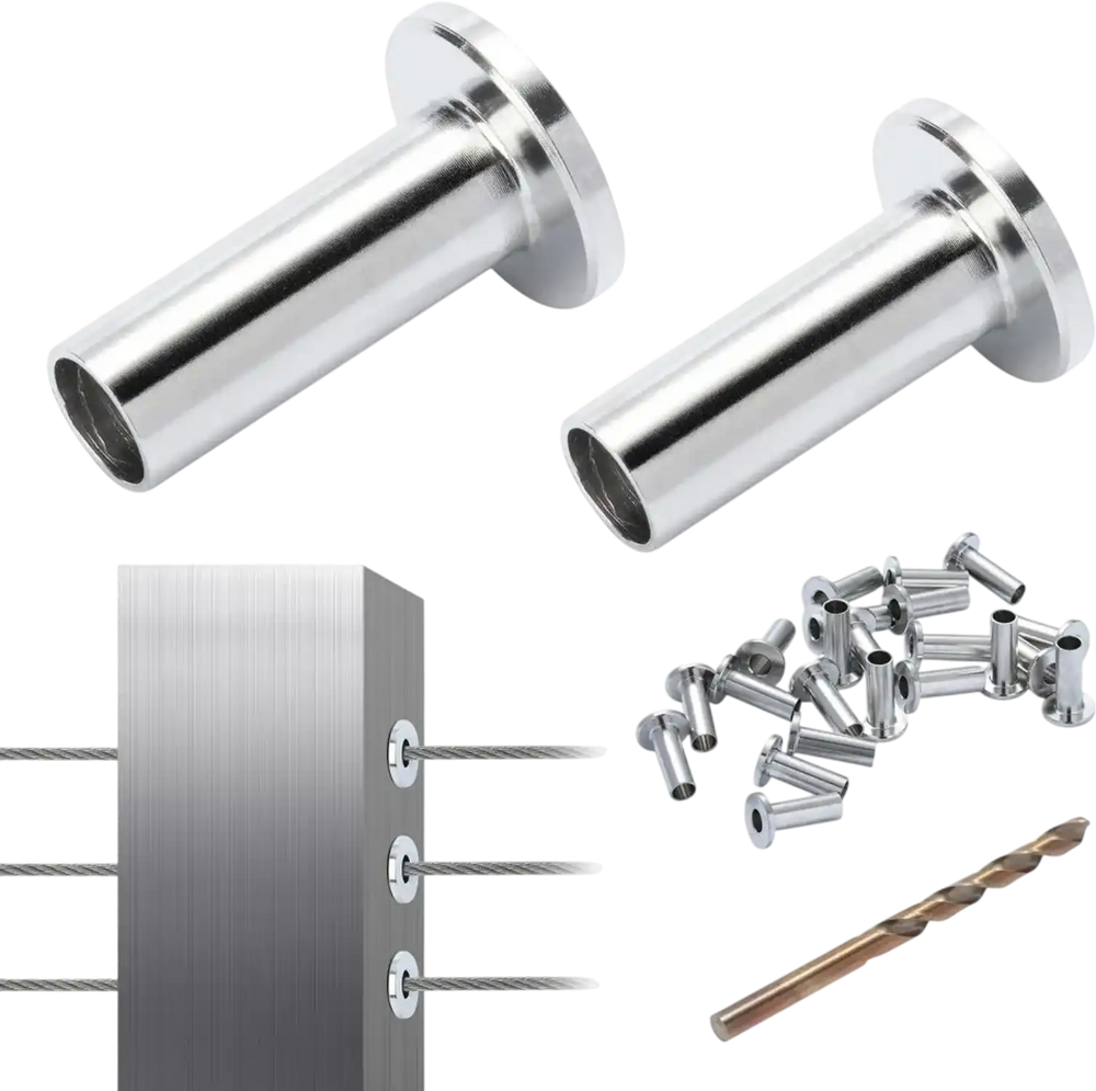 VEVOR 121 Pack T316 Stainless Steel Protector Sleeves for 5/32" 3/16" Wire Rope Cable Railing, DIY Balustrade T316 Marine Grade, Come with A Free Drill Bit, Silver