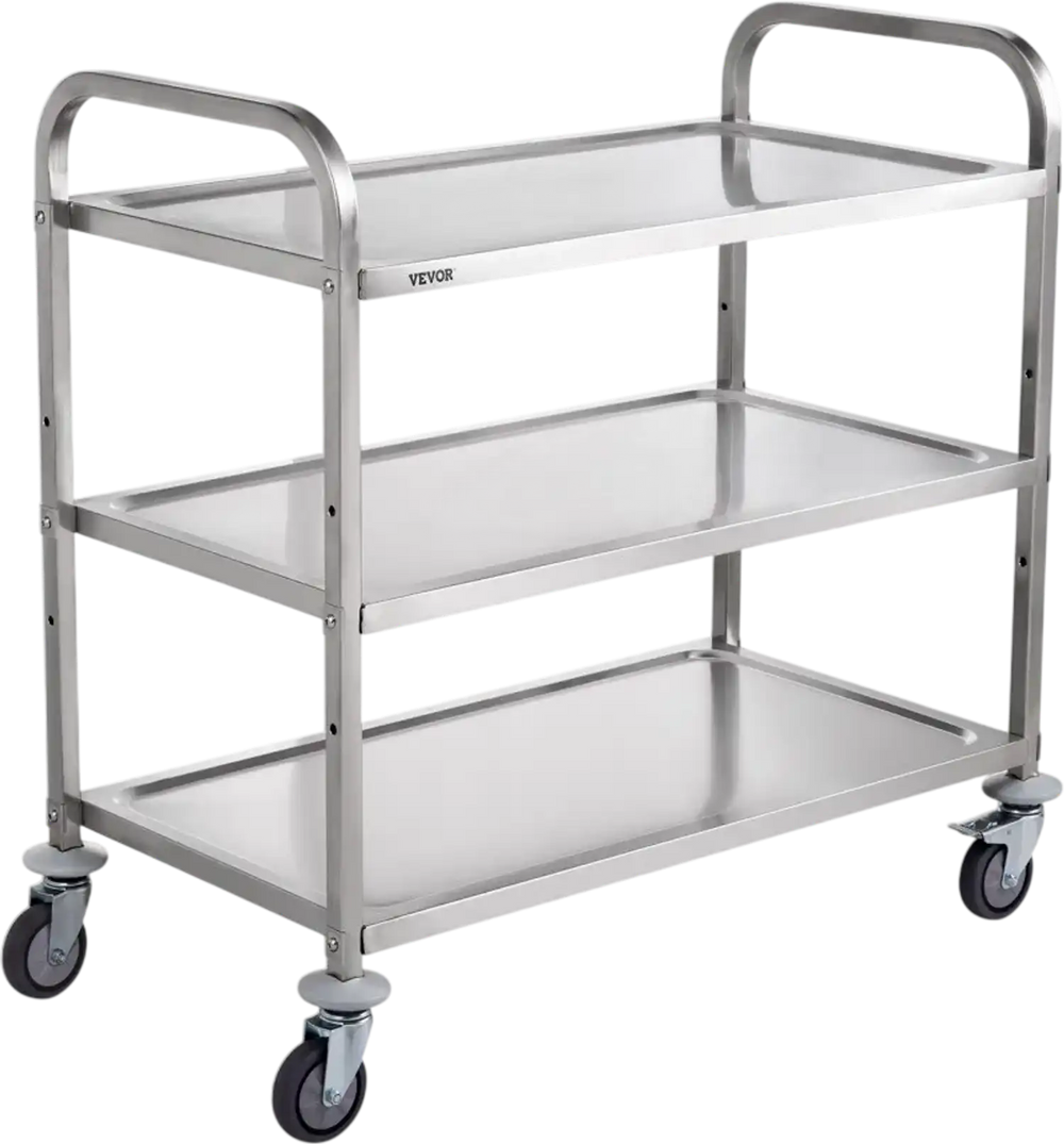 VEVOR Kitchen Utility Cart, 3 Tiers, Wire Rolling Cart with 450LBS Capacity, Steel Service Cart on Wheels, Metal Storage Trolley with 80mm Basket Curved Handle PP Liner 6 Hooks, for Indoor and Outdoor