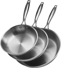 VEVOR Tri-Ply Stainless Steel Frying Pan, 3 Pcs Set (8, 10, 12 in), Cooking Skillet with Heat-Resistant Handle, Chef's Kitchen Cookware, Oven, Gas, Electric, Induction, Dishwasher Compatible, Silver