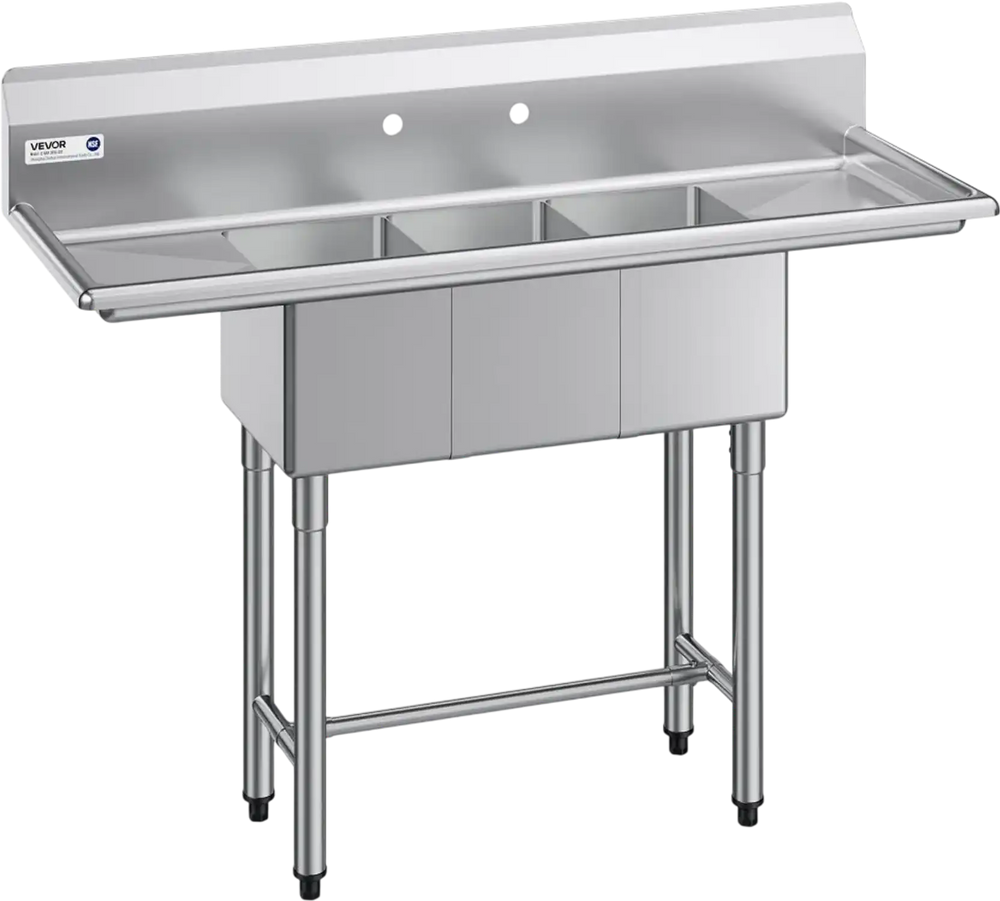 VEVOR 3 Compartment Sink, 18-Gauge 304 Stainless Steel, 10" x 14" x 10" Bowl Size, 3 Bay Commercial Kitchen Prep & Utility Sink with 2 Drainboards and Backsplash for Restaurant, Food Truck & Home Use