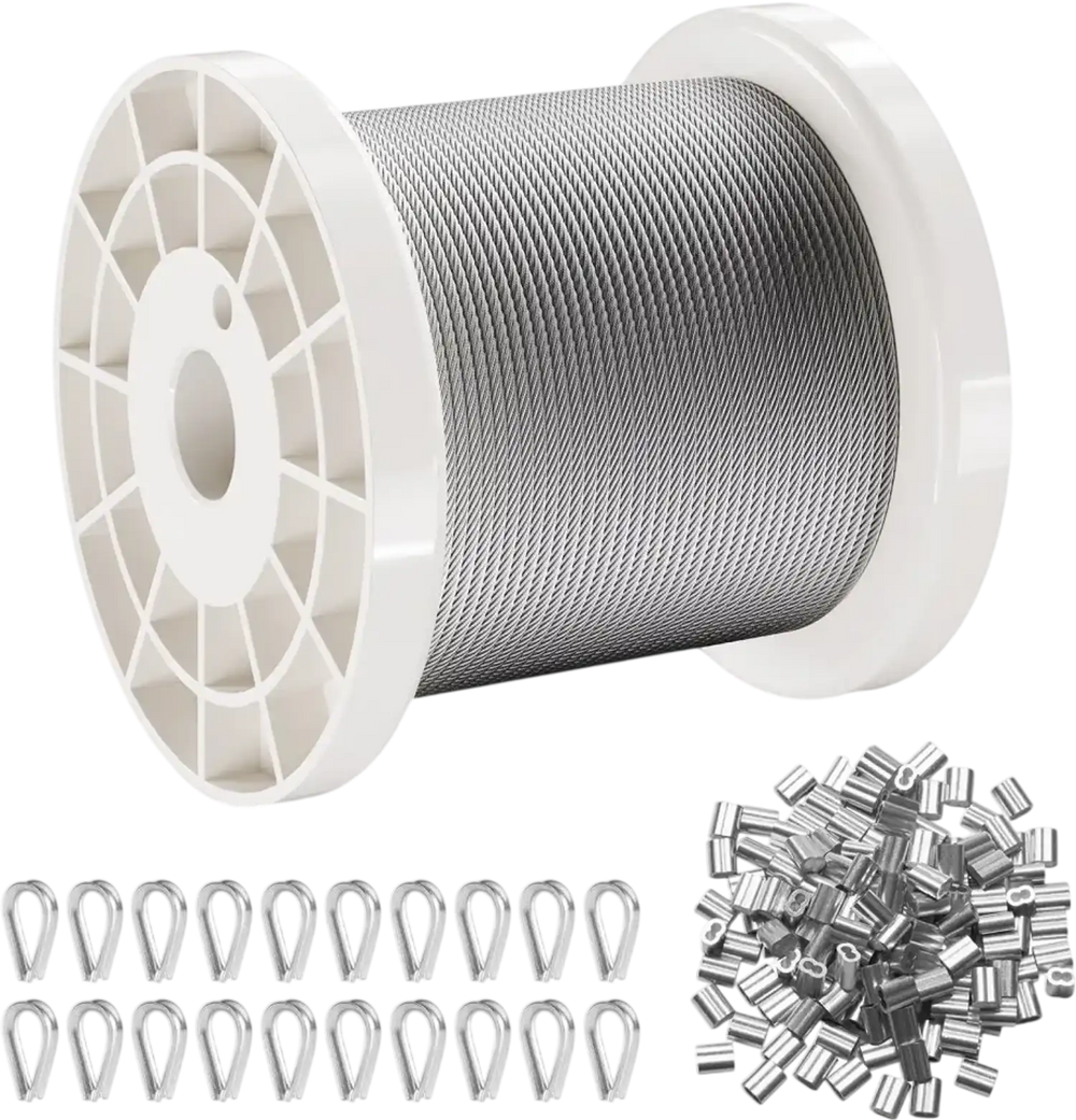 VEVOR Wire Rope Kit, 1/16" 330 ft 304 Stainless Steel Cable with 80 Sleeves and 20 Thimbles, 450 lbs Breaking Strength, 7x7 Strands Marine Aircraft Grade for Handrail Stair Decking Fence Outdoors