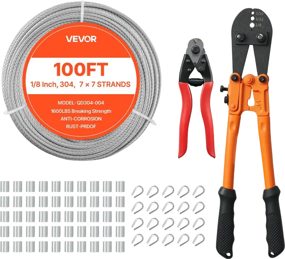 VEVOR 1/8 Inch Wire Rope Kit, 100 ft Length, 304 Stainless Steel Wire Cable with Cutter, 1600 lbs Breaking Strength, 7 x 7 Strands Construction, Steel Cable for Deck Railing System, Garden Trellis