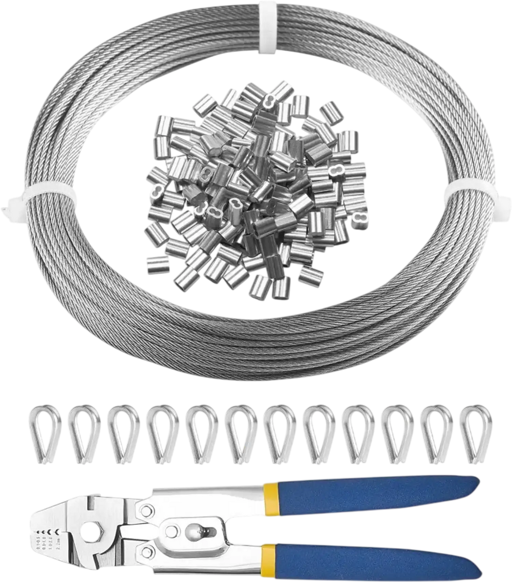 VEVOR Wire Rope Kit, 1/16" 66 ft 304 Stainless Steel Cable with Crimping Pliers, 160 Sleeves and 12 Thimbles, 7x7 Strands Construction Marine Aircraft Grade for Handrail Stair Decking Fence Outdoors