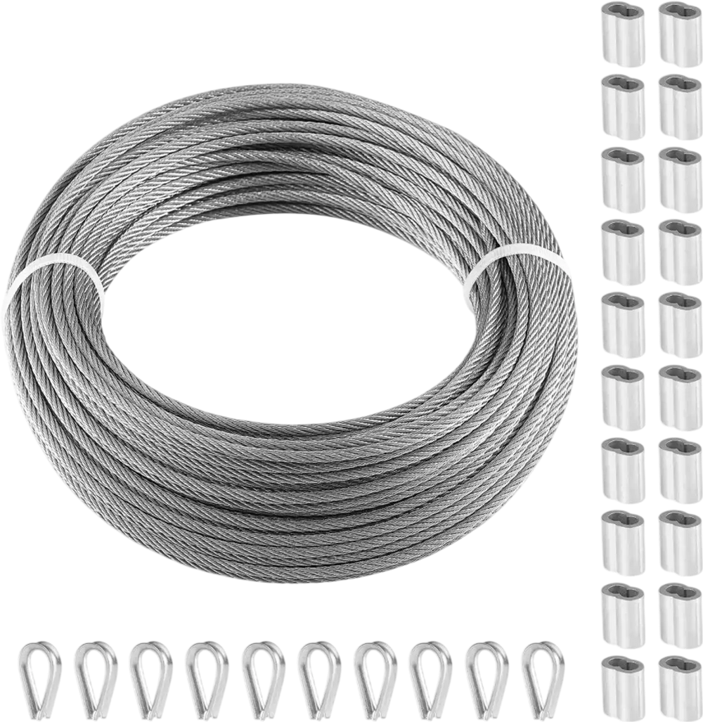 VEVOR Wire Rope Kit, 1/8" 100 ft 316 Stainless Steel Cable with 20 Sleeves and 10 Thimbles, 1600 lbs Breaking Strength, 7x7 Strands Marine Aircraft Grade for Handrail Stair Decking Fence Outdoors