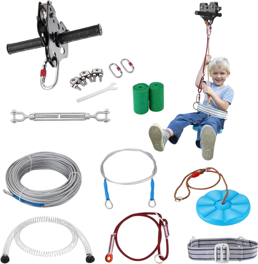 VEVOR Zipline Kit for Kids and Adult, 120 ft Zip Line Kits Up to 500 lb, Backyard Outdoor Quick Setup Zipline, Playground Entertainment with Stainless Steel Zipline, Spring Brake, Safety Harness, Seat