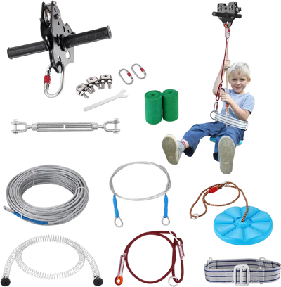 VEVOR Zipline Kit for Kids and Adult, 120 ft Zip Line Kits Up to 500 lb, Backyard Outdoor Quick Setup Zipline, Playground Entertainment with Stainless Steel Zipline, Spring Brake, Safety Harness, Seat