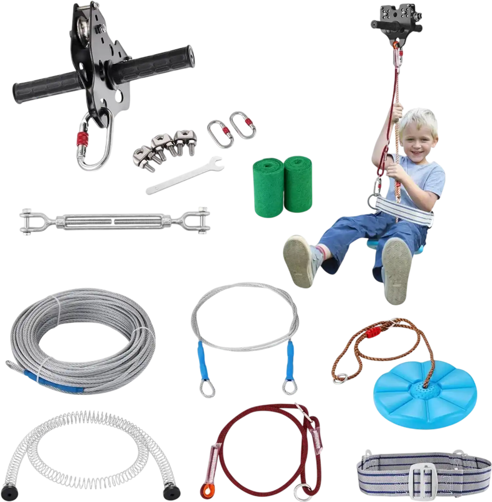 VEVOR Zipline Kit for Kids and Adult, 80 ft Zip Line Kits Up to 500 lb, Backyard Outdoor Quick Setup Zipline, Playground Entertainment with Stainless Steel Zipline, Spring Brake, Safety Harness, Seat