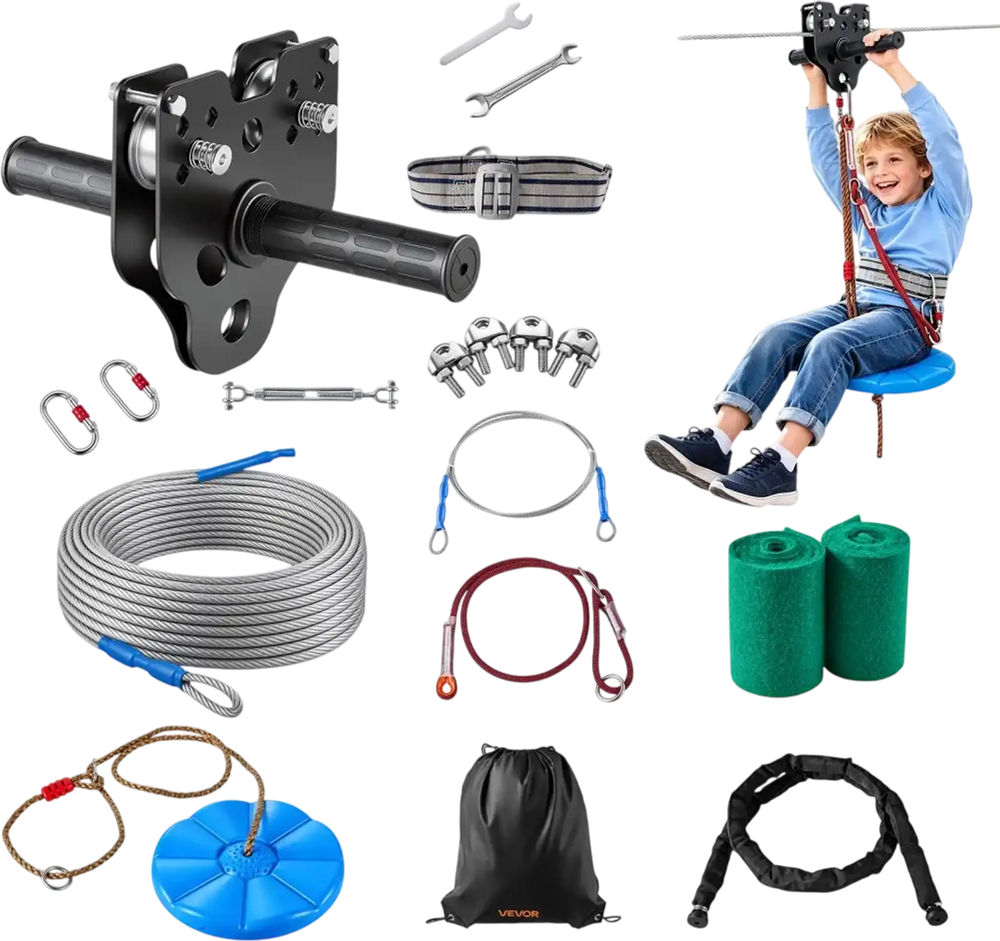 VEVOR Zipline Kit, 80 ft, 6 mm Steel Cable, Backyard Zipline, Up to 330 lb, for Outdoor, Durable Zipline for Kids with 6.9 ft Spring Brake, Removable Trolley & Swing Seat, Ages 6-16, Not for Adults