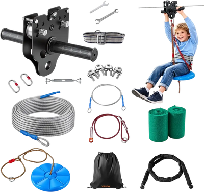 Vevor Zipline Kit Backyard Kids 80' Steel Cable with Spring Brake & Swing Seat New