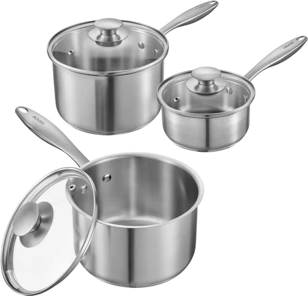 VEVOR Stainless Steel Saucepan Set, 1 QT & 2 QT & 3 QT Saucepans with Glass Lids, Multipurpose Nonstick Stainless Steel Sauce Pot with Ergonomic Handle, Friendly for Oven, Dishwasher, Induction Cooker