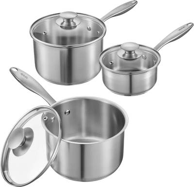 VEVOR Stainless Steel Saucepan Set, 1 QT & 2 QT & 3 QT Saucepans with Glass Lids, Multipurpose Nonstick Stainless Steel Sauce Pot with Ergonomic Handle, Friendly for Oven, Dishwasher, Induction Cooker