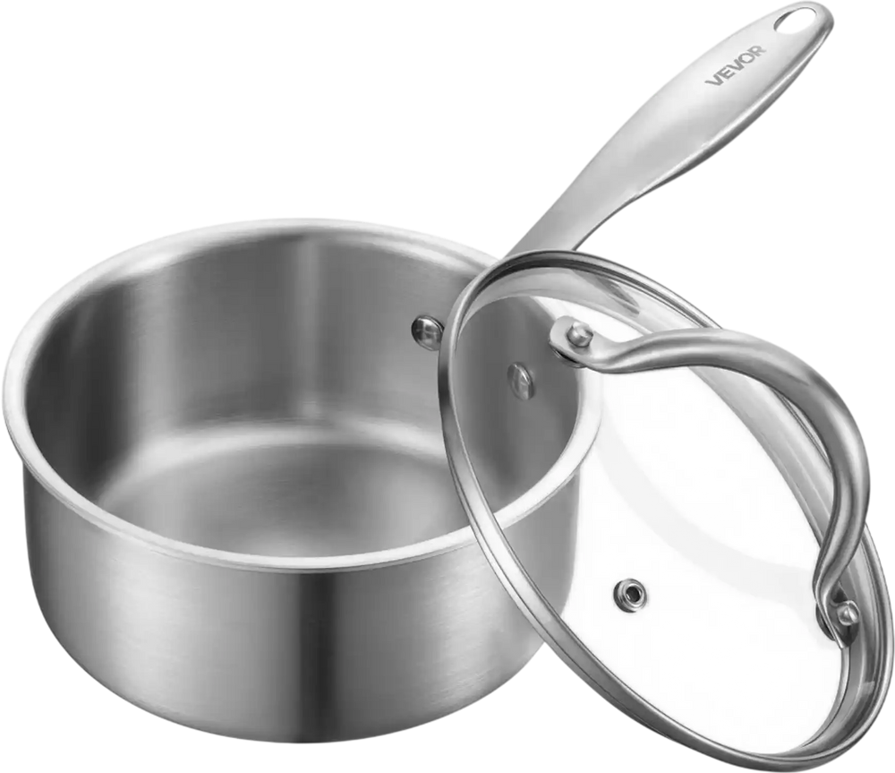 VEVOR 1.5 QT Saucepan, Stainless Steel Saucepan with Glass Lid, Multipurpose Nonstick Stainless Steel Small Cooking Sauce Pot with Ergonomic Handle, Friendly for Oven, Dishwasher, Induction Cooker
