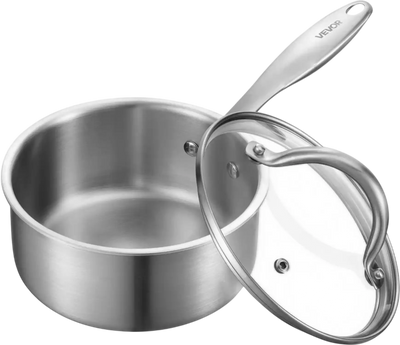 Vevor Saucepan 1.5 Qt Tri-Ply Stainless Steel with Glass Lid New