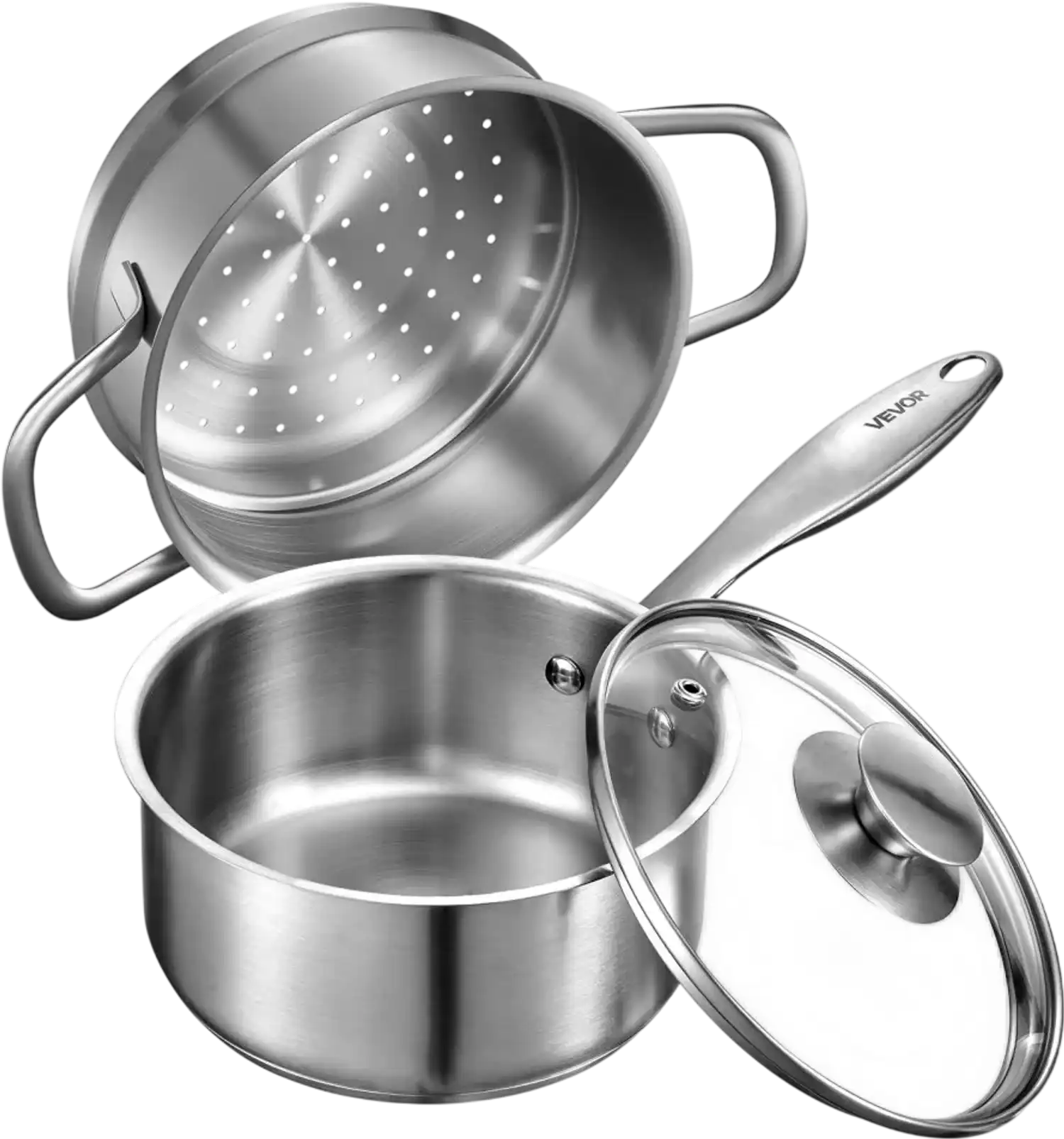 Vevor Saucepan 1.5 Qt Stainless Steel with Steamer and Glass Lid New