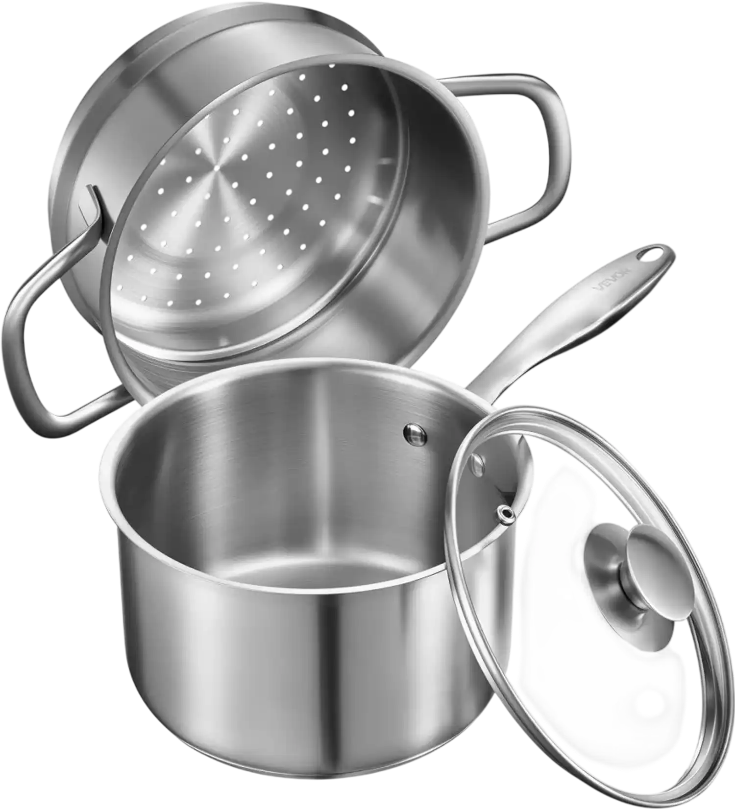 Vevor Saucepan 2.5 Qt Stainless Steel Saucepan with Steamer and Glass Lid New