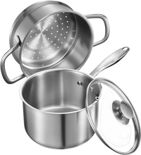 VEVOR 2.5 QT Saucepan with Steamer, Stainless Steel Saucepan with Glass Lid, Multipurpose Nonstick Stainless Steel Sauce Pot with Ergonomic Handle, Friendly for Oven, Dishwasher, Induction Cooker