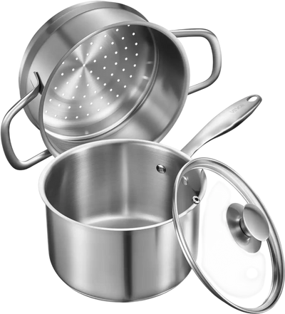 Vevor Saucepan 2.5 Qt Stainless Steel Saucepan with Steamer and Glass Lid New