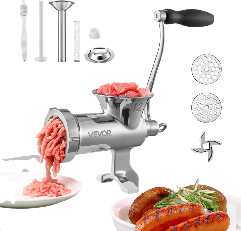 VEVOR Manual Meat Grinder, 304 Stainless Steel Hand Meat Grinder with Steel Table Clamp, Meat Mincer Sausage Maker & 2 Cutting Plates, Cookie Attachment, Sausage Tube for Beef Pepper Mushroom Cookie