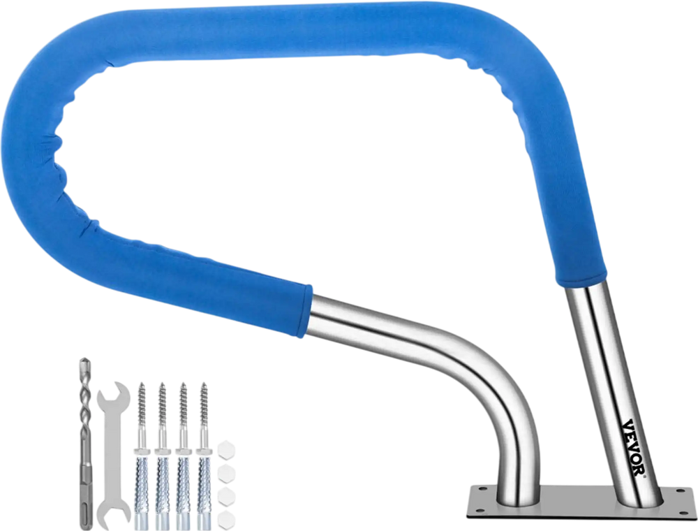 VEVOR Pool Rail 32x23 Pool Railing 304 Stainless Steel 250LBS Load Capacity Silver Rustproof Pool Handrail Humanized Swimming Pool Handrail with Blue Grip Cover & M8 Drill Bit & Self-Taping Screws