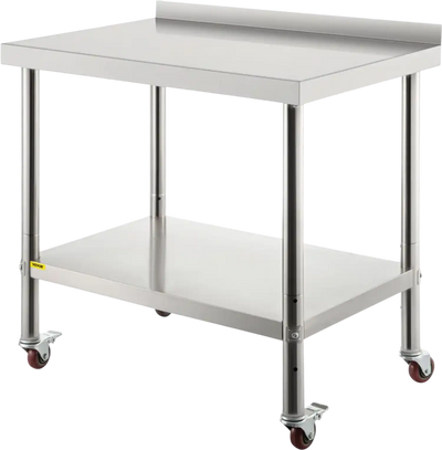 VEVOR Stainless Steel Prep Table, 30 x 24 x 35 Inch, 440lbs Load Capacity Heavy Duty Metal Worktable with Backsplash Adjustable Undershelf & 4 Casters, Commercial Workstation for Kitchen Restaurant