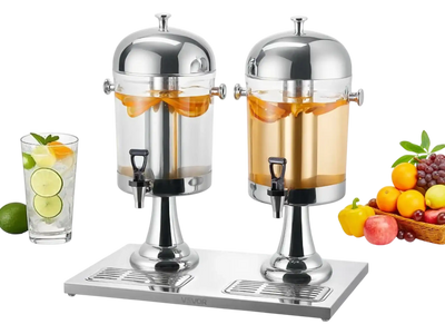 VEVOR Beverage Dispenser, 2.1 Gallon x 2 Drink Dispenser for Parties, Stainless Steel + Plastic Juice Dispensers with Spigot Ice Chamber Tray, Iced Tea Lemonade Dispensers, for Restaurants, Hotels