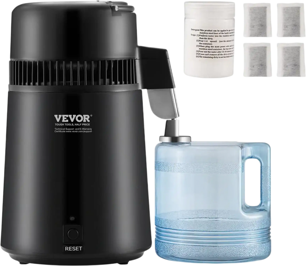 VEVOR Water Distiller, 4L 1.05 Gallon Pure Water Purifier Filter For Home Countertop, 750W Distilled Water Maker, Stainless Steel Interior Distiller Water Making Machine to Make Clean Water, Black