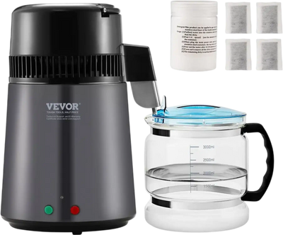 VEVOR Water Distiller, 4L 1.05 Gallon Pure Water Purifier Filter For Home Countertop, 750W Distilled Water Maker, Stainless Steel Interior Distiller Water Making Machine to Make Clean Water, Gray