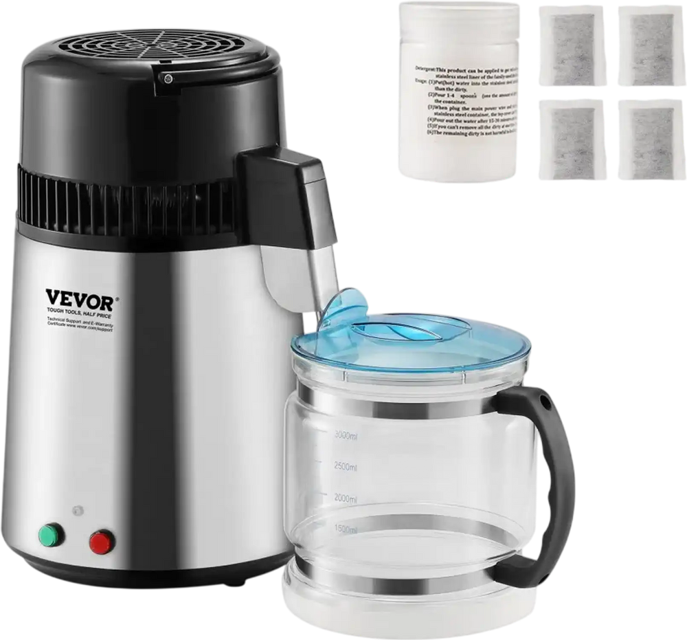 VEVOR Water Distiller, 4L 1.05 Gallon Pure Water Purifier Filter For Home Countertop, 750W Distilled Water Maker, Stainless Steel Interior Distiller Water Making Machine to Make Clean Water, Silvery