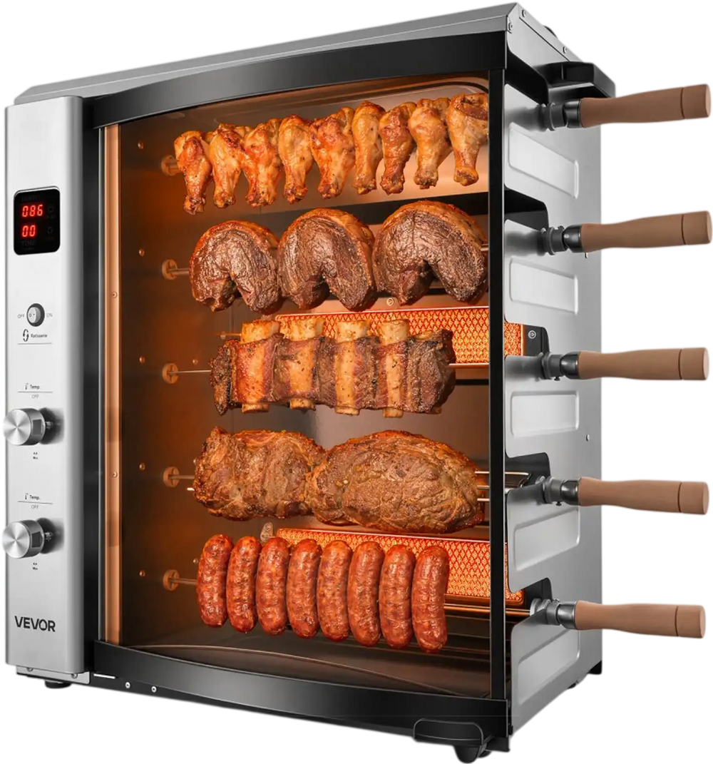 VEVOR Countertop Vertical Oven Brazilian Flame 5 Auto Rotating Skewers, for Steak, Fish, Lamb Leg, Outdoor Gas Heating Rotisserie Shawarma Machine, Meat Kebab Grill, with Curved Glass Door