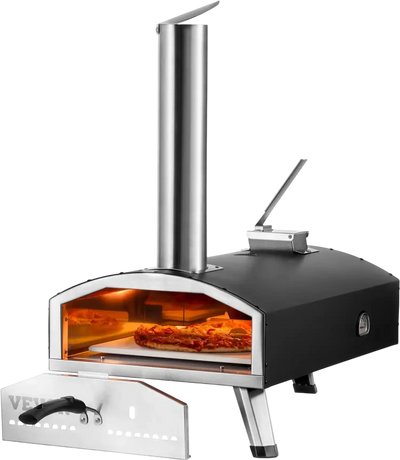 VEVOR Portable Outdoor Oven, 12-inch Pizza Oven, Pellet & Chips & Charcoal Tri-Fuel, Iron Spray Pizza Grill, Includes Pizza Stone, Waterproof Cover, Shovel, Ideal for Camping & Backyard, Black