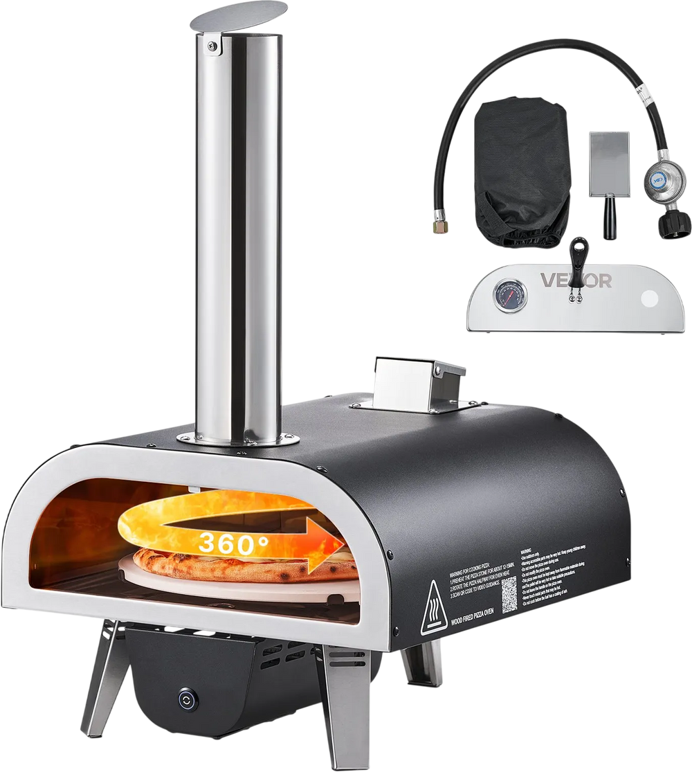 VEVOR Dual Fuel Pizza Oven Outdoor, 12 in Wood Fire & Propane Gas Pizza Oven, Pellet & Propane Pizza-Maker with Thermometer, Iron Spray Electric Rotation Pizza-Cook for Outside Camping & Backyard