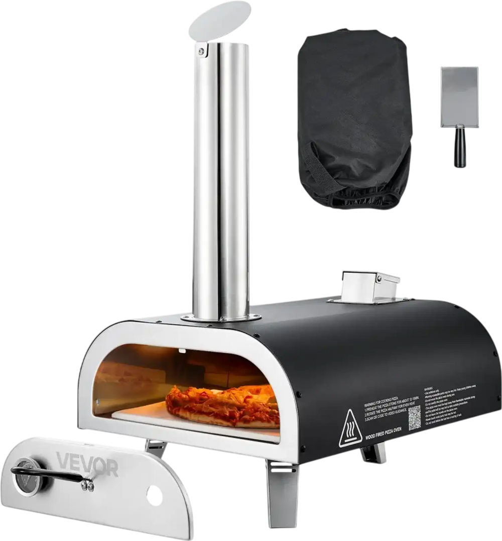 VEVOR Outdoor Pizza Oven, 12 Inch Wood Fired Pizza Ovens, Pellet Pizza-Stove with Thermometer, Portable Pizza-Maker for Outside Backyard Patio Camping, Pizza-Stone, Carry Bag, Shovel, Black