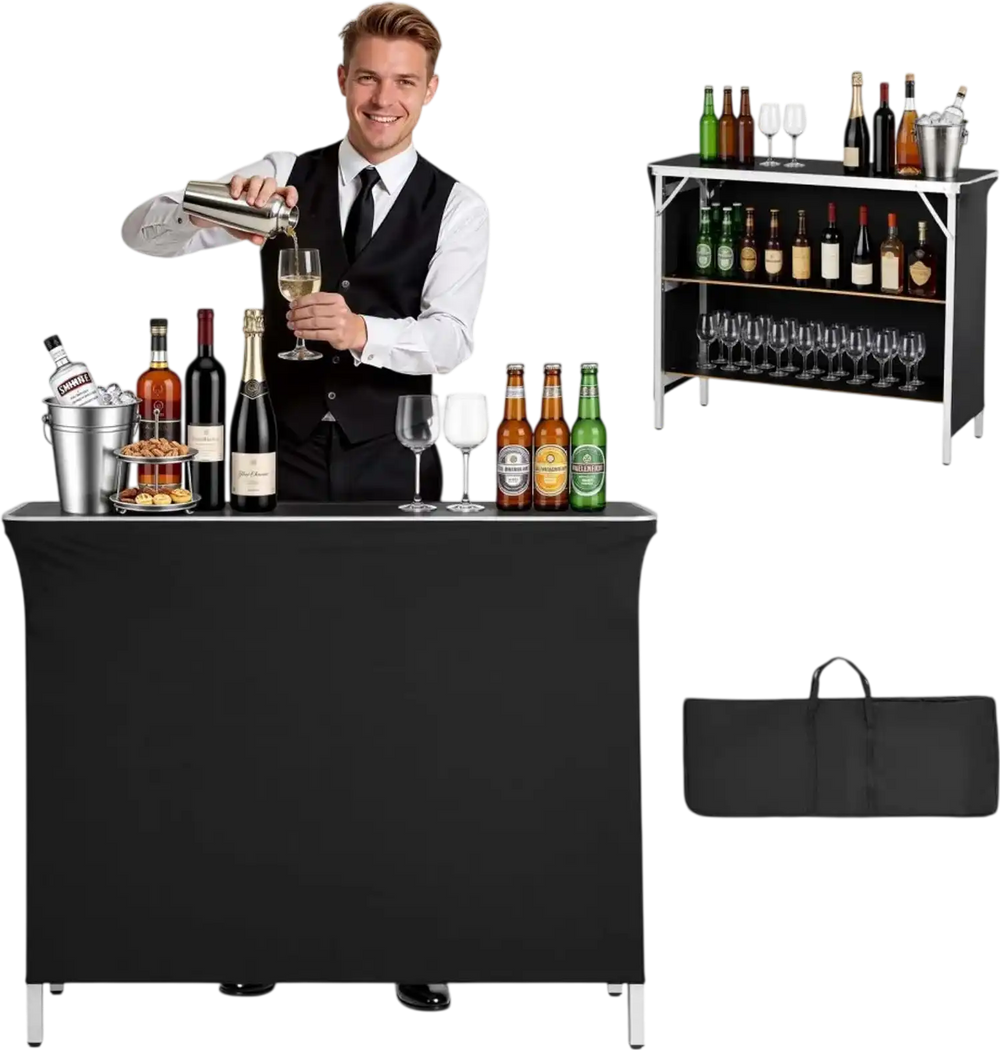 VEVOR Folding Portable Bar Table, 43.3 x 15.2 x 34.8 in, with Carry Bag, 2 Storage Shelves, and Detachable Skirt, Quick and Easy Setup, Foldable Mobile Bartending Station for Events, Party, Tradeshow