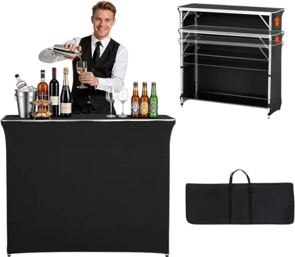 VEVOR Folding Portable Bar Table, 43.5 x 15.4 x 39.8 in, with Carry Bag, 2 Storage Shelves, and Detachable Skirt, Quick and Easy Setup, Foldable Mobile Bartending Station for Events, Party, Tradeshow