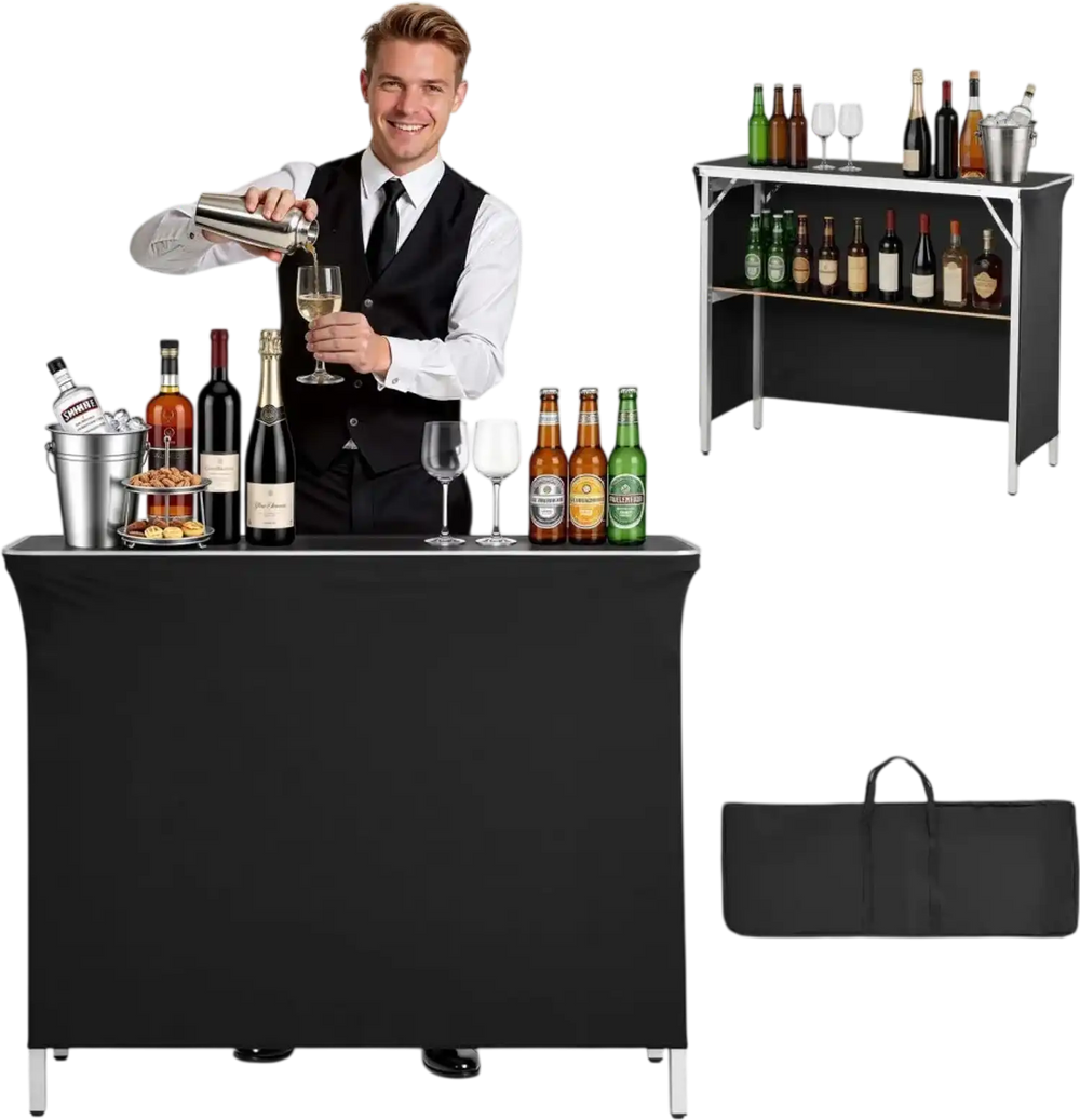 VEVOR Folding Portable Bar Table, 43.3 x 15.2 x 34.8 in, with Carry Bag, Storage Shelf, and Detachable Skirt, Quick and Easy Setup, Foldable Mobile Bartending Station for Events, Party, Tradeshow