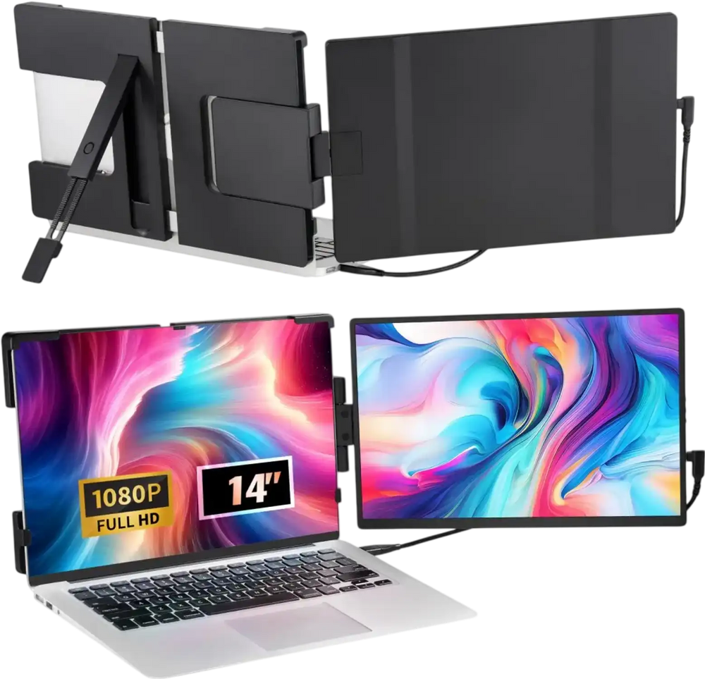 VEVOR Portable Laptop Screen Extender, 14" FHD 1080P IPS Dual Extended Monitor for 13"-17" Laptop, Swivel Portable Monitor USB-C/USB-A/Mini HDMI Port, Compatible with Mac/Wins/Android/Switch/PS5