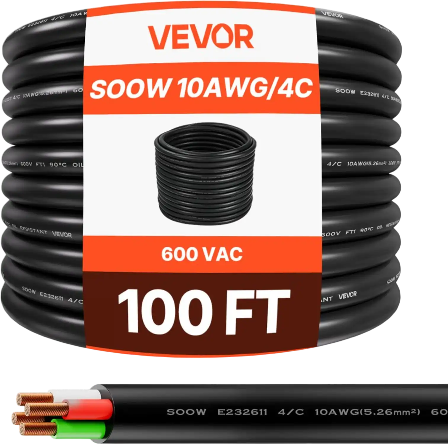 Vevor Power Cable 100' 10 AWG 4-Conductor SOOW Copper Extension Cord New