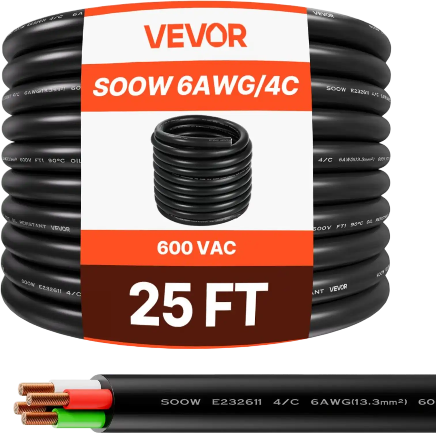 Vevor Portable Power Cable 25' 6 AWG 4-Conductor 600V SOOW Copper Extension Cord New