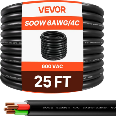 Vevor Portable Power Cable 25' 6 AWG 4-Conductor 600V SOOW Copper Extension Cord New