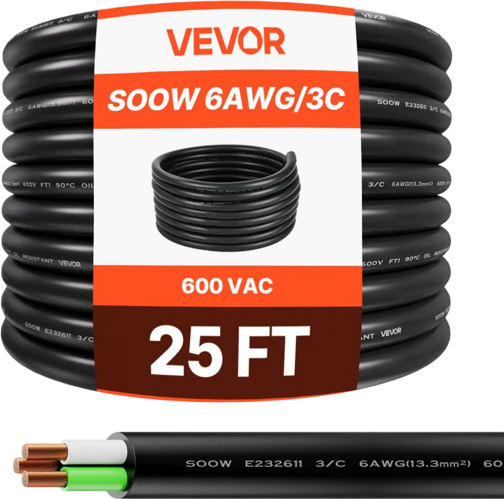 VEVOR 25 FT 6AWG Portable Power Cable (3 Conductor), Heavy Duty 600V SOOW Electrical Power Cable, Industrial Grade Electric Wire, Premium CPE Rubber Jacket, Copper Extension Cord for Welder Machine
