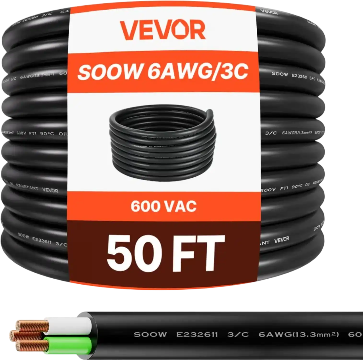 Vevor Portable Power Cable 50' 6 AWG 3-Conductor 600V SOOW Copper Extension Cord New